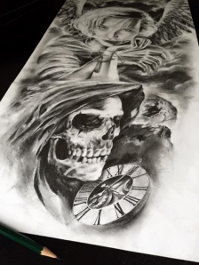 skull and clock sleeve tattoo design