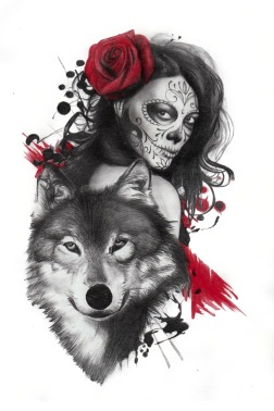 wolf and catrina sleeve tattoo design