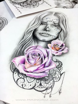 roses and catrina tattoo design