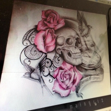 skull with roses and clock custom tattoo design